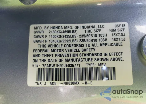 2018 Honda Cr-V Touring from USA, damaged, VIN 7FARW1H91JE036771